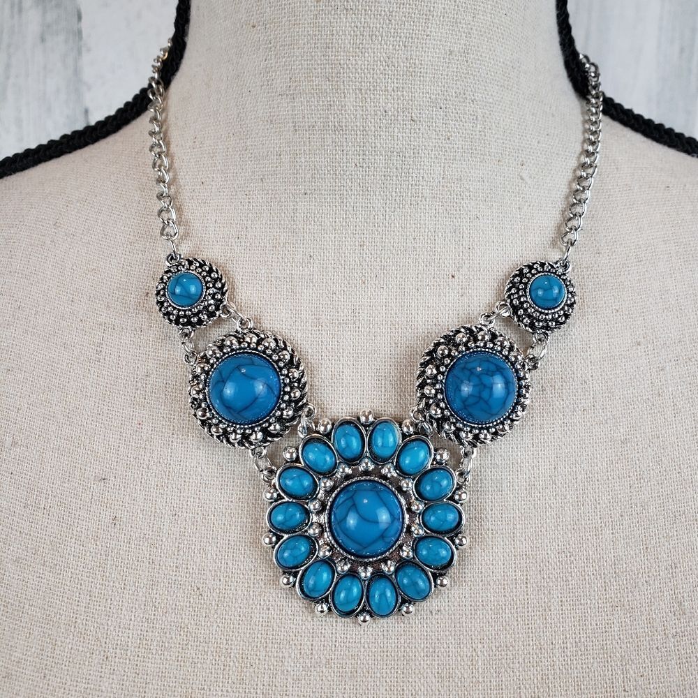 Western Silver and Blue Statement Necklace